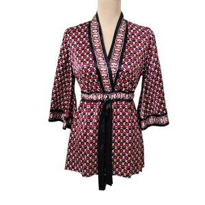 Studio M Size M Deco Print Blouse, 100% Silk, Kimono Sleeve